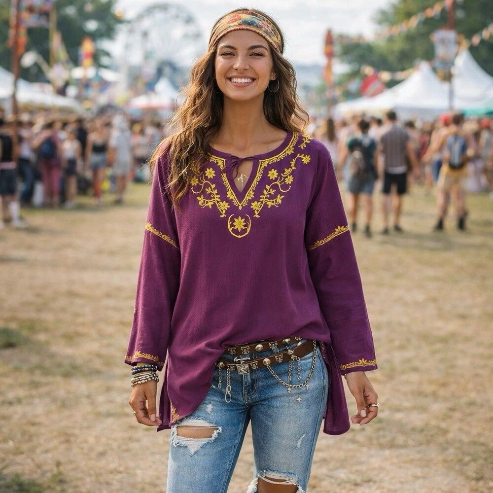 Sundance Purple and Lime Green Embroidered Cotton‎ Tunic Top Size Small